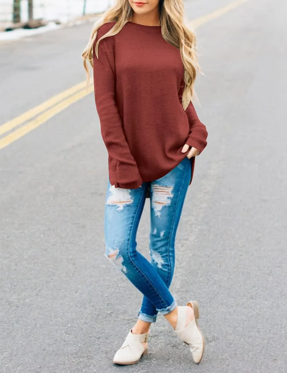 LEANI Women’s 2024 Long Sleeve Crew Neck Pullover Sweater Loose Casual Soft Knit Jumper Tops