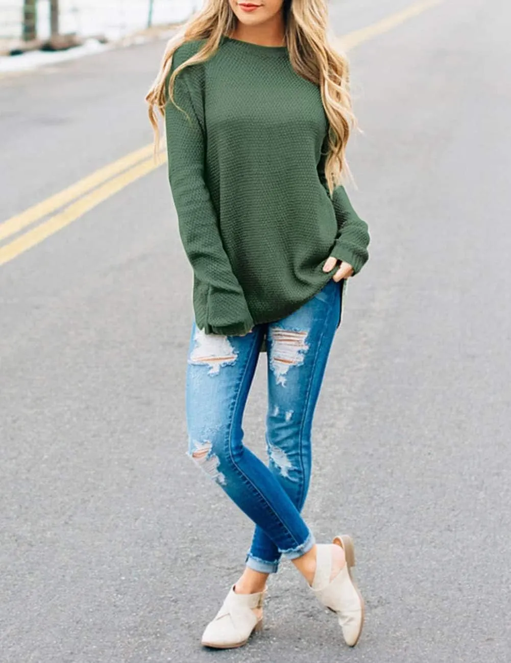 LEANI Women’s 2024 Long Sleeve Crew Neck Pullover Sweater Loose Casual Soft Knit Jumper Tops