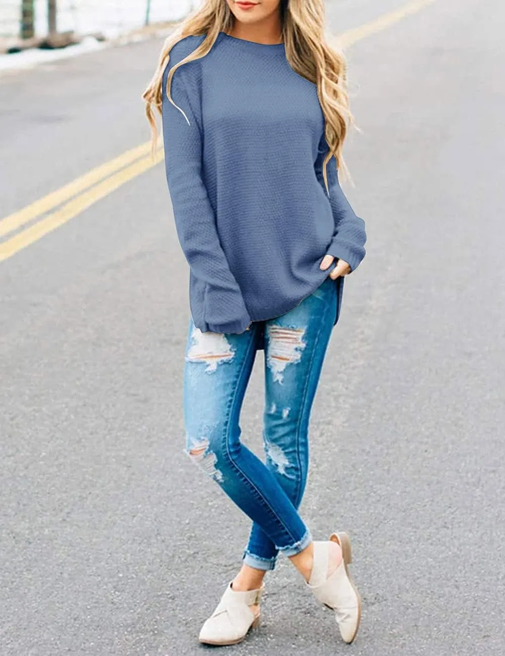 LEANI Women’s 2024 Long Sleeve Crew Neck Pullover Sweater Loose Casual Soft Knit Jumper Tops