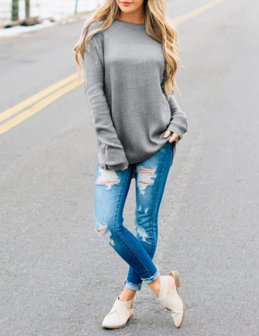 LEANI Women’s 2024 Long Sleeve Crew Neck Pullover Sweater Loose Casual Soft Knit Jumper Tops