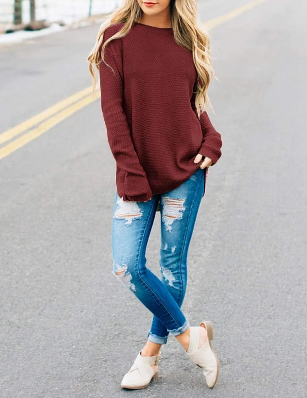 LEANI Women’s 2024 Long Sleeve Crew Neck Pullover Sweater Loose Casual Soft Knit Jumper Tops