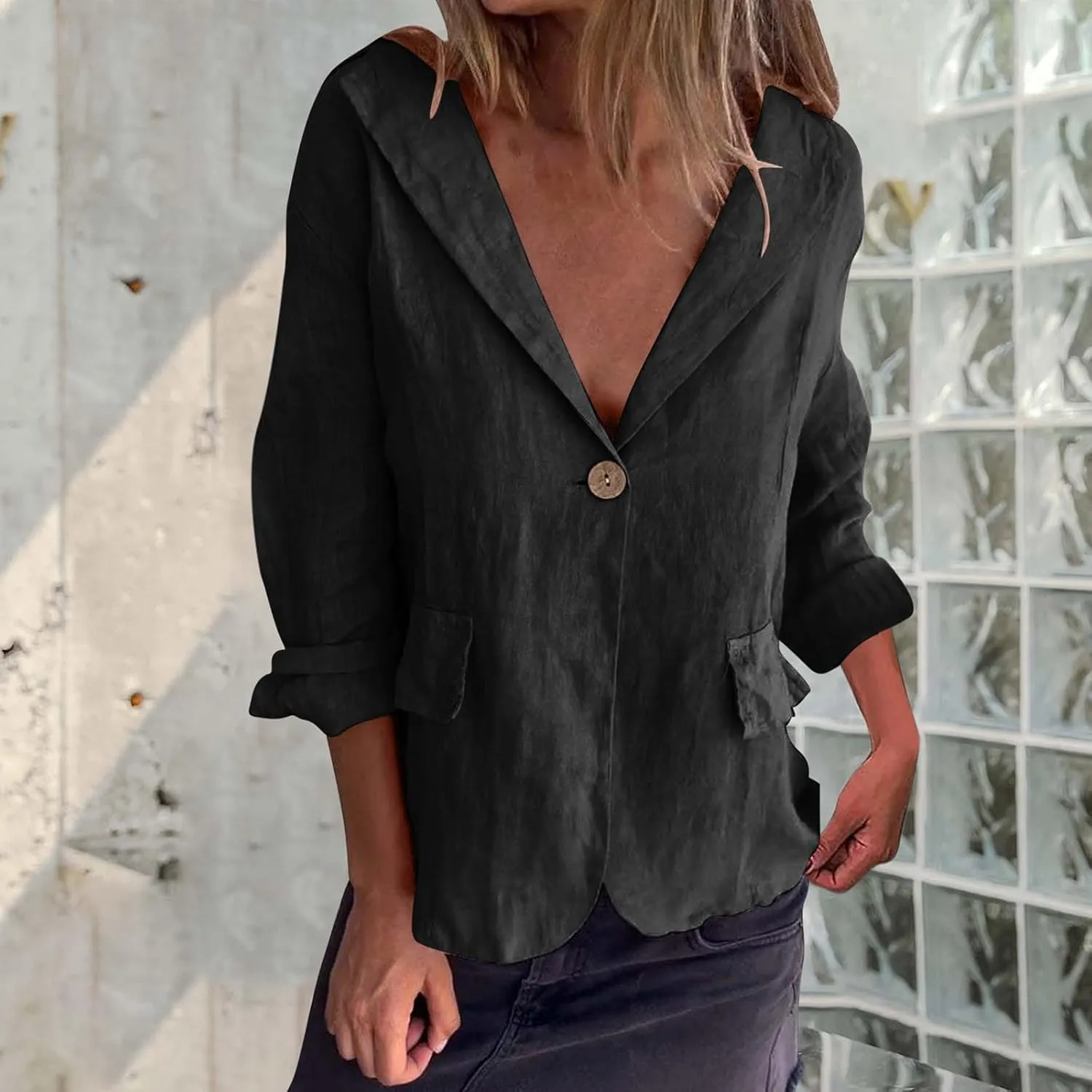 Linen Blazer Jacket for Women Fall Fashion Long Sleeve Suit Cardigan Open Front Lightweight Business Formal Workwear