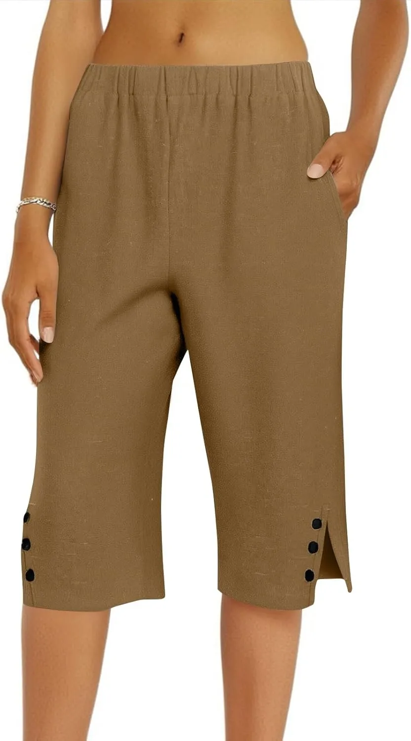 Linen Pants for Women Cropped Straight Leg Linen Capri Pants Side Slit Casual Summer Cover Up Pants with Pockets