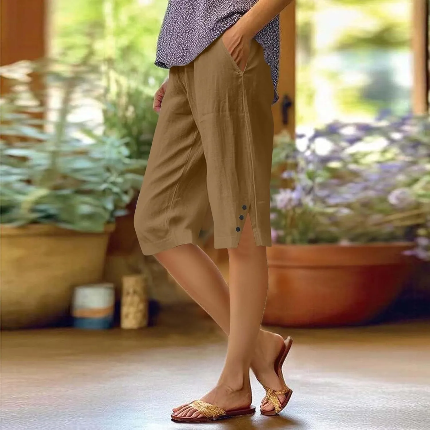 Linen Pants for Women Cropped Straight Leg Linen Capri Pants Side Slit Casual Summer Cover Up Pants with Pockets