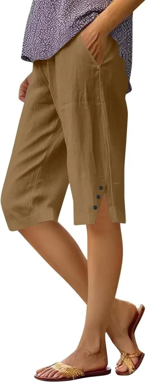Linen Pants for Women Cropped Straight Leg Linen Capri Pants Side Slit Casual Summer Cover Up Pants with Pockets