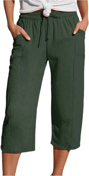 Linen Pants Women Summer Casual High Waist Straight Wide Leg Pants Comfortable Fit Trousers with Pockets