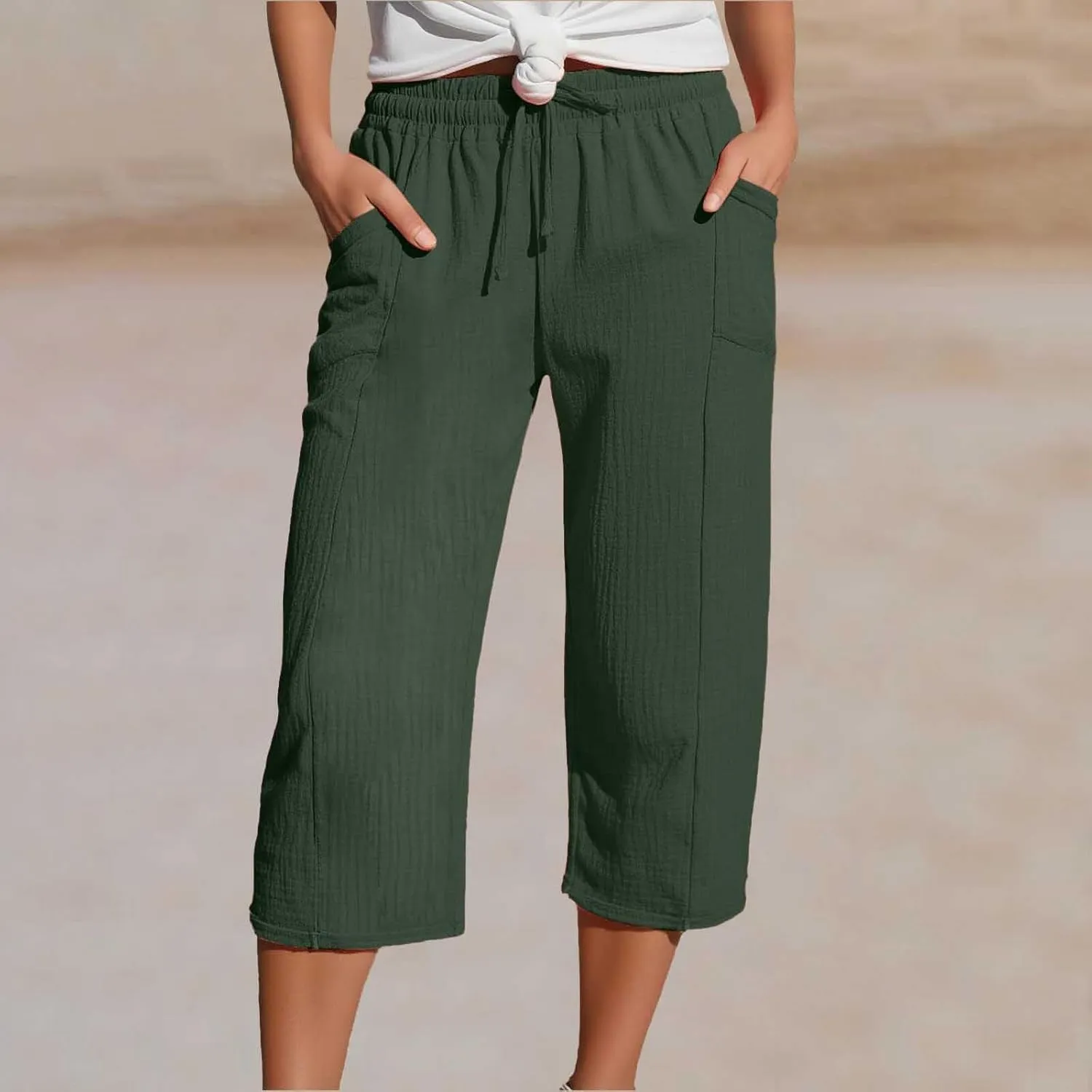 Linen Pants Women Summer Casual High Waist Straight Wide Leg Pants Comfortable Fit Trousers with Pockets