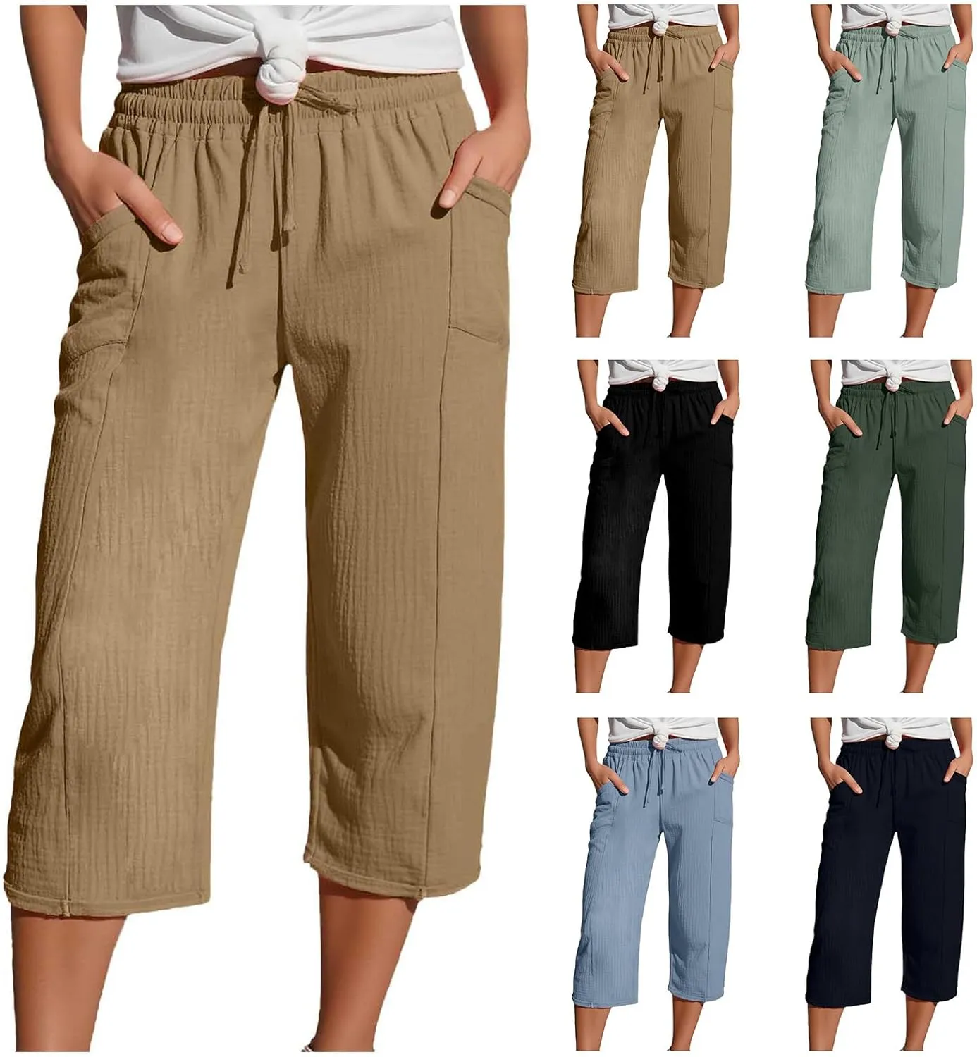 Linen Pants Women Summer Casual High Waist Straight Wide Leg Pants Comfortable Fit Trousers with Pockets