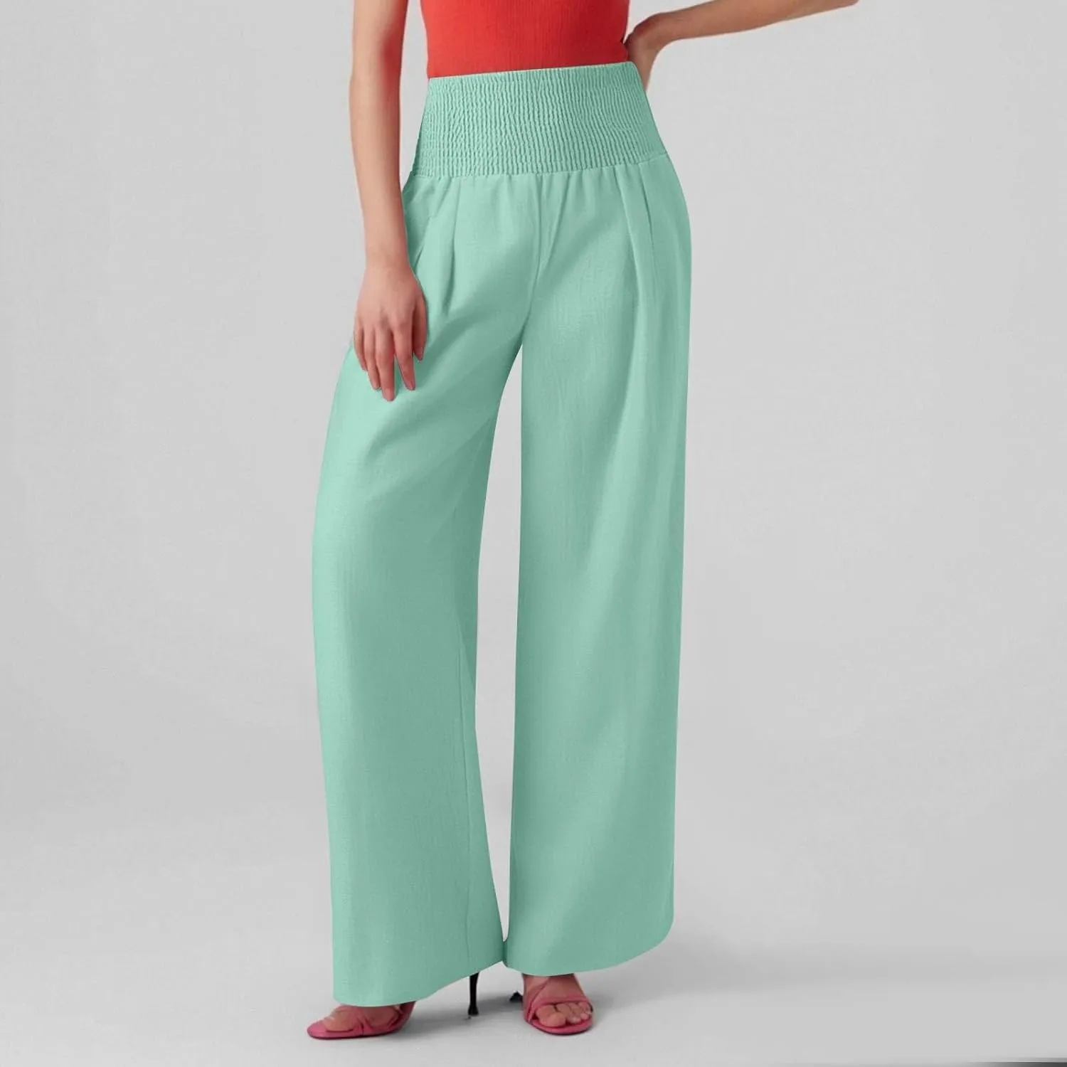 Linen Pants Women Summer High Waisted Palazzo Pants Pleated Lounge Pant Baggy Flowy Trousers with Pockets (S-XXL)
