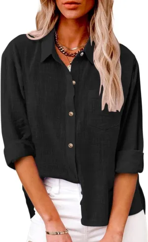 Linen Shirts for Women Button Down Plain T-Shirts Long Sleeve Collared Casual Blouses Dressy Work Tops with Pockets