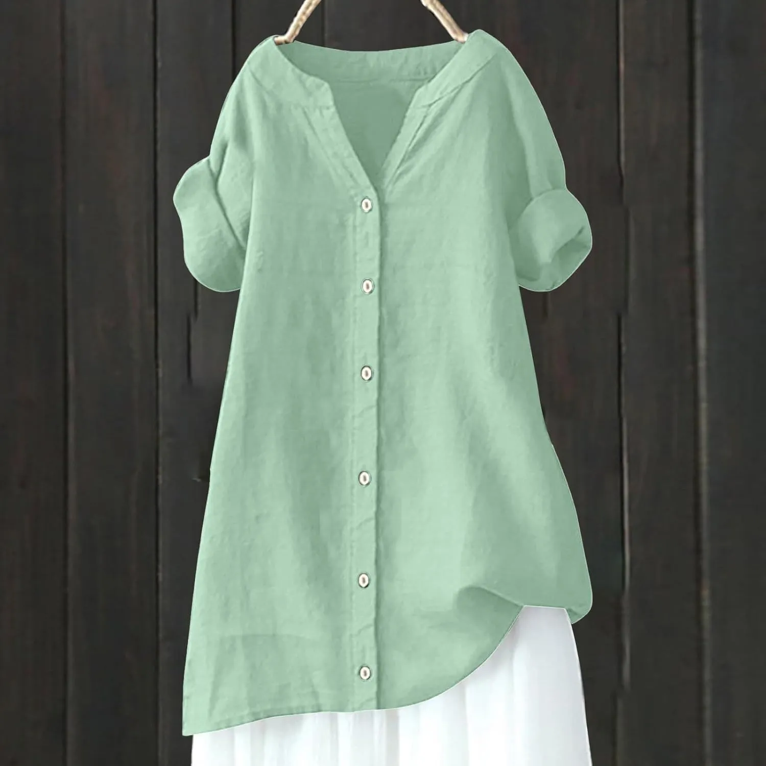 Linen Shirts for Women Button Down Short Sleeve Blouses Casual V Neck Tshirts Loose Fit Tunic Tops Summer Vacation Shirt