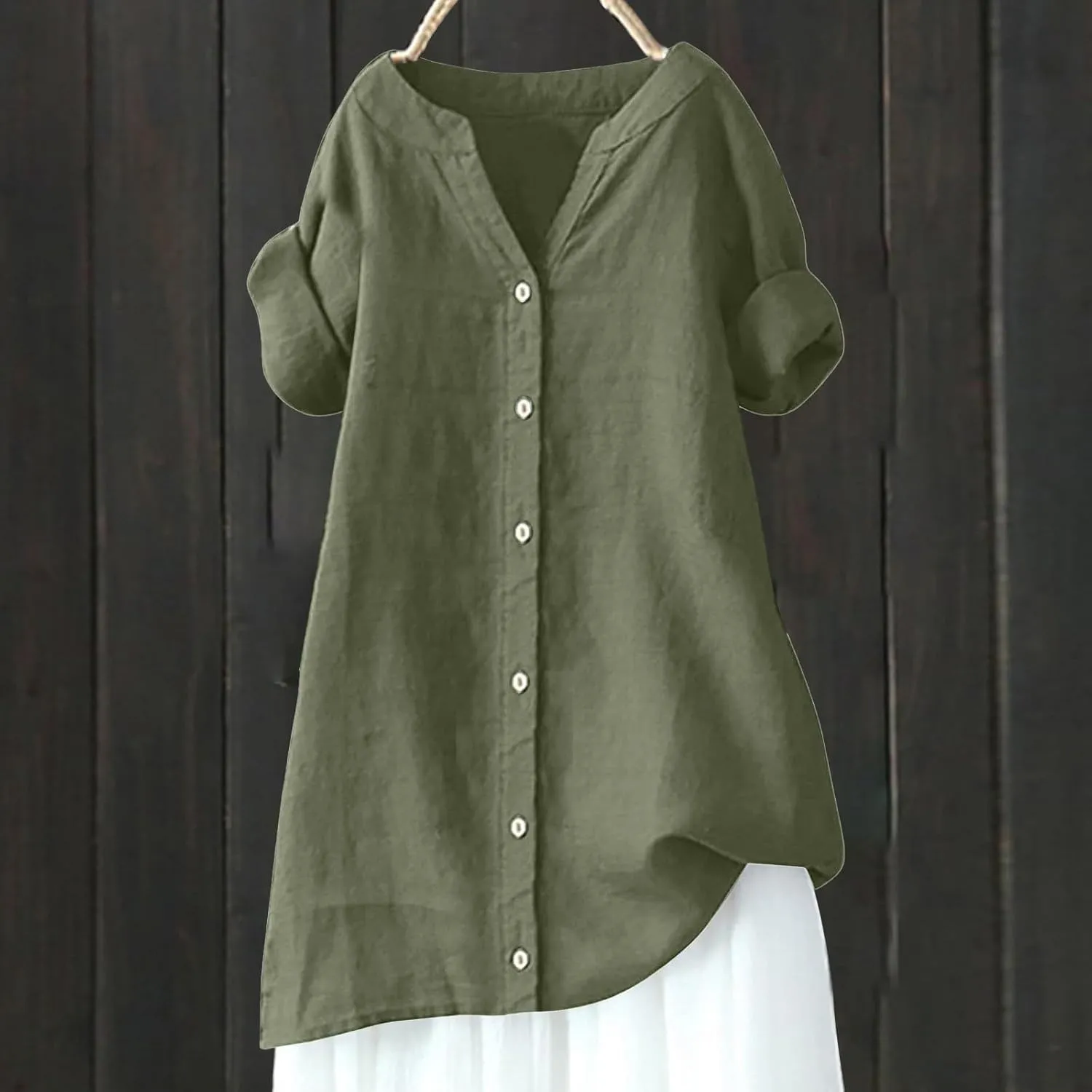 Linen Shirts for Women Button Down Short Sleeve Blouses Casual V Neck Tshirts Loose Fit Tunic Tops Summer Vacation Shirt
