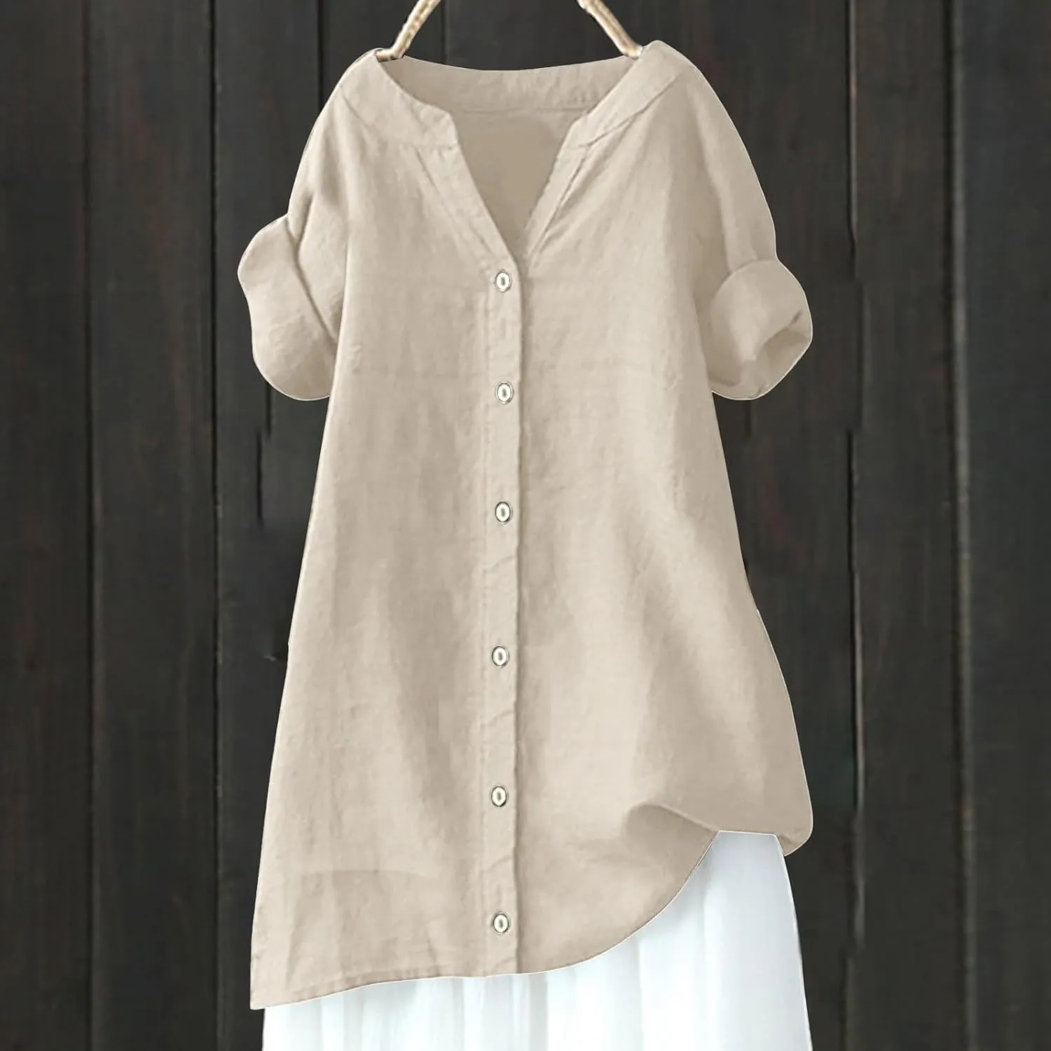 Linen Shirts for Women Button Down Short Sleeve Blouses Casual V Neck Tshirts Loose Fit Tunic Tops Summer Vacation Shirt