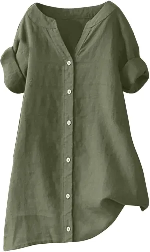 Linen Shirts for Women Button Down Short Sleeve Blouses Casual V Neck Tshirts Loose Fit Tunic Tops Summer Vacation Shirt