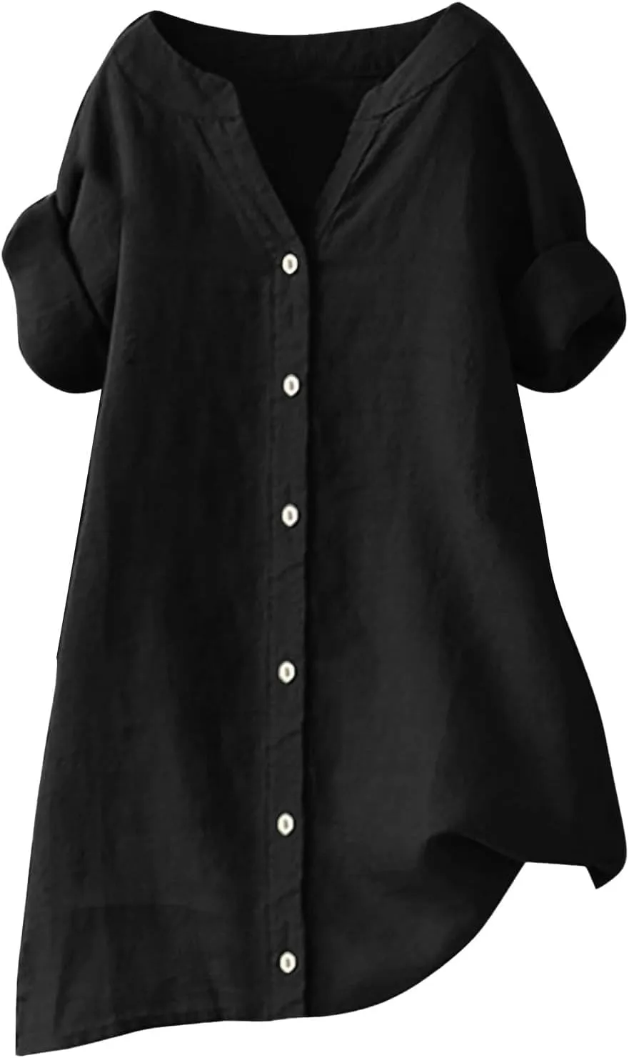 Linen Shirts for Women Button Down Short Sleeve Blouses Casual V Neck Tshirts Loose Fit Tunic Tops Summer Vacation Shirt