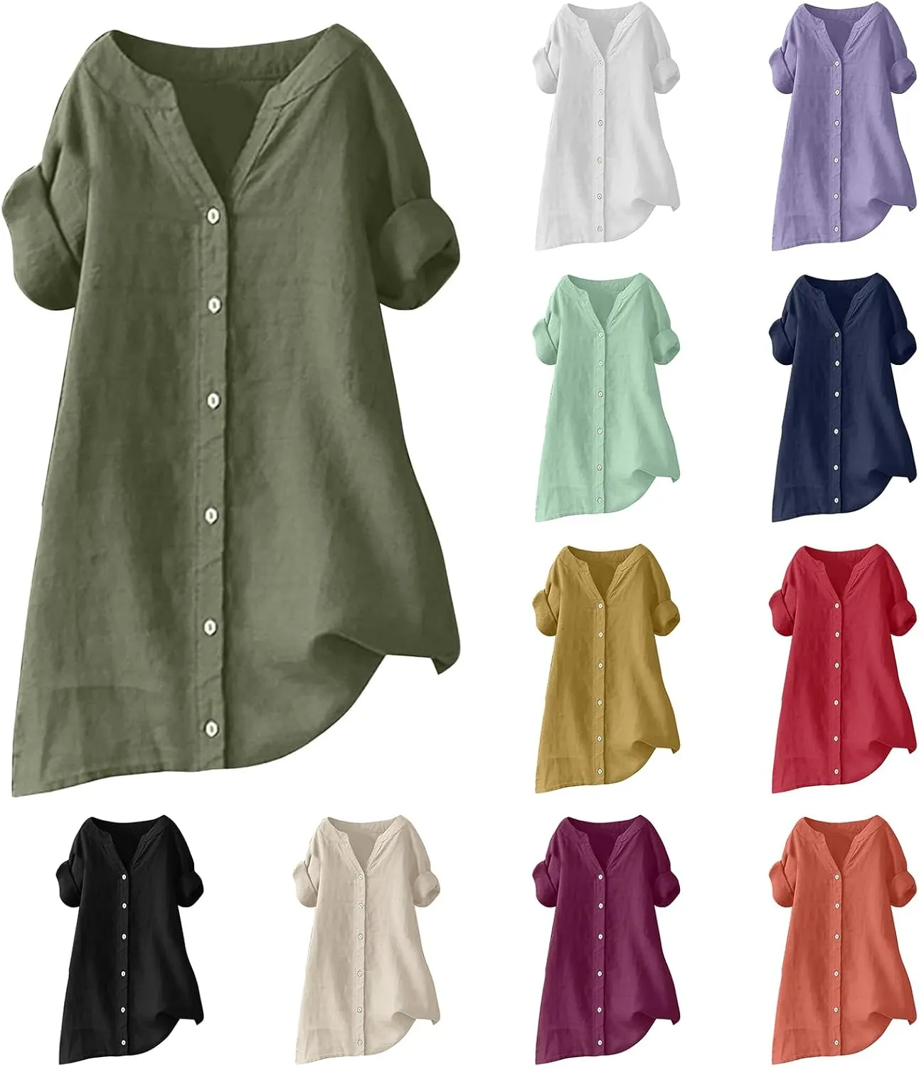 Linen Shirts for Women Button Down Short Sleeve Blouses Casual V Neck Tshirts Loose Fit Tunic Tops Summer Vacation Shirt