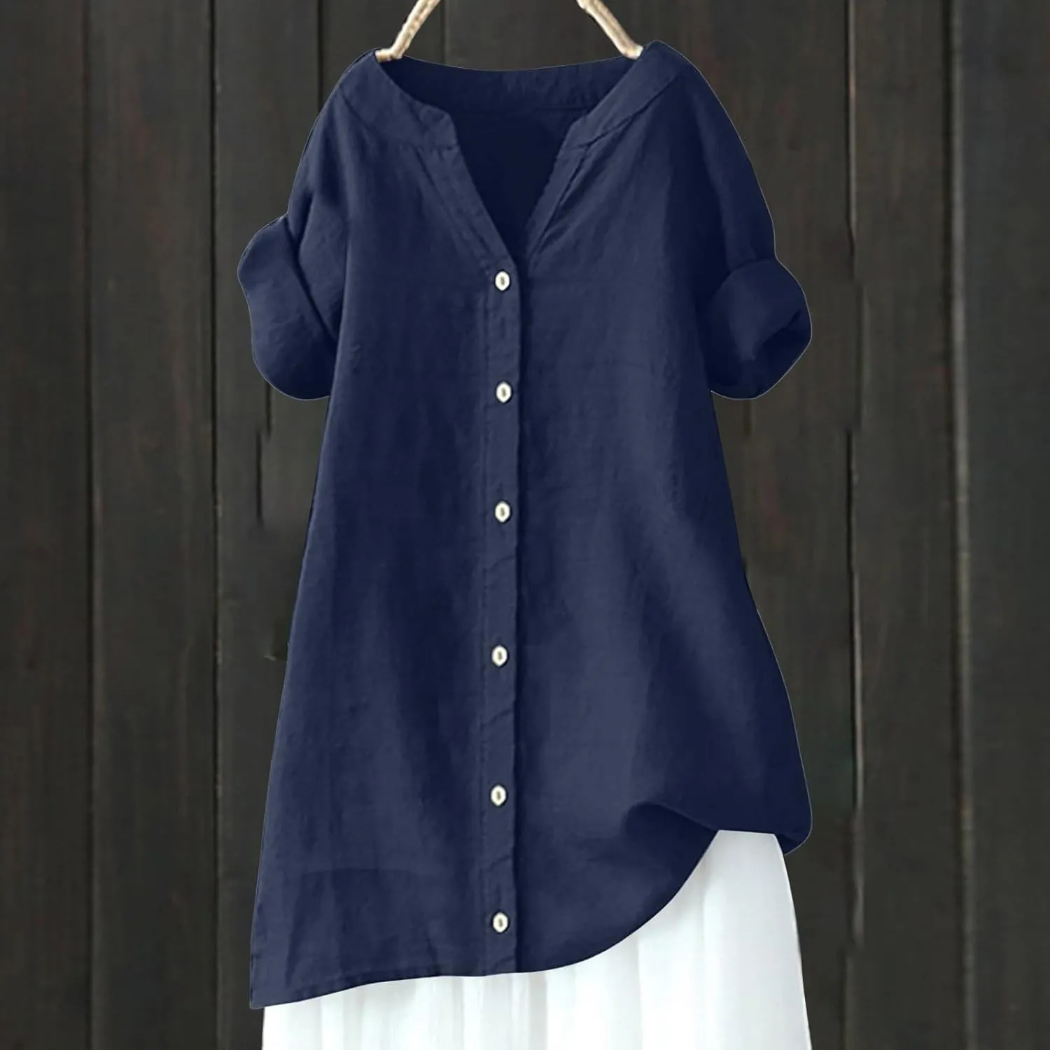 Linen Shirts for Women Button Down Short Sleeve Blouses Casual V Neck Tshirts Loose Fit Tunic Tops Summer Vacation Shirt