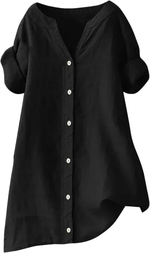 Linen Shirts for Women Button Down Short Sleeve Blouses Casual V Neck Tshirts Loose Fit Tunic Tops Summer Vacation Shirt