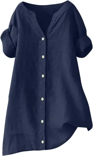 Linen Shirts for Women Button Down Short Sleeve Blouses Casual V Neck Tshirts Loose Fit Tunic Tops Summer Vacation Shirt