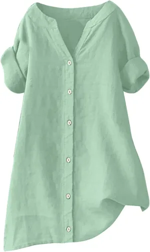 Linen Shirts for Women Button Down Short Sleeve Blouses Casual V Neck Tshirts Loose Fit Tunic Tops Summer Vacation Shirt