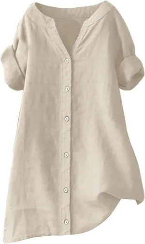 Linen Shirts for Women Button Down Short Sleeve Blouses Casual V Neck Tshirts Loose Fit Tunic Tops Summer Vacation Shirt