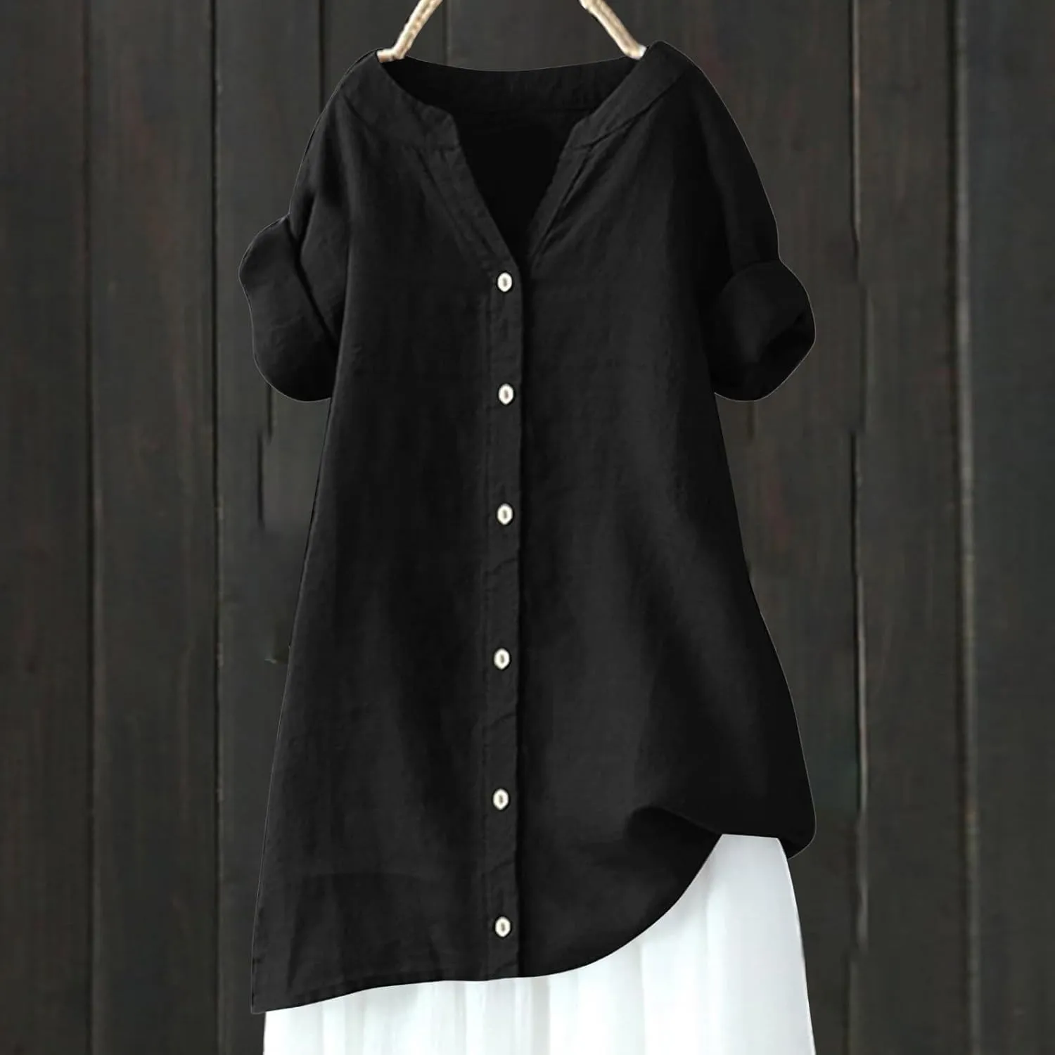 Linen Shirts for Women Button Down Short Sleeve Blouses Casual V Neck Tshirts Loose Fit Tunic Tops Summer Vacation Shirt