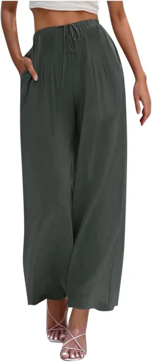Linen Trousers Pants for Women Summer Fall Loose Fit Ruched High Cut Flare Wide Leg Trousers Pants Women 2025