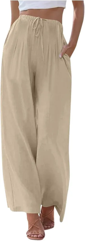 Linen Trousers Pants for Women Summer Fall Loose Fit Ruched High Cut Flare Wide Leg Trousers Pants Women 2025