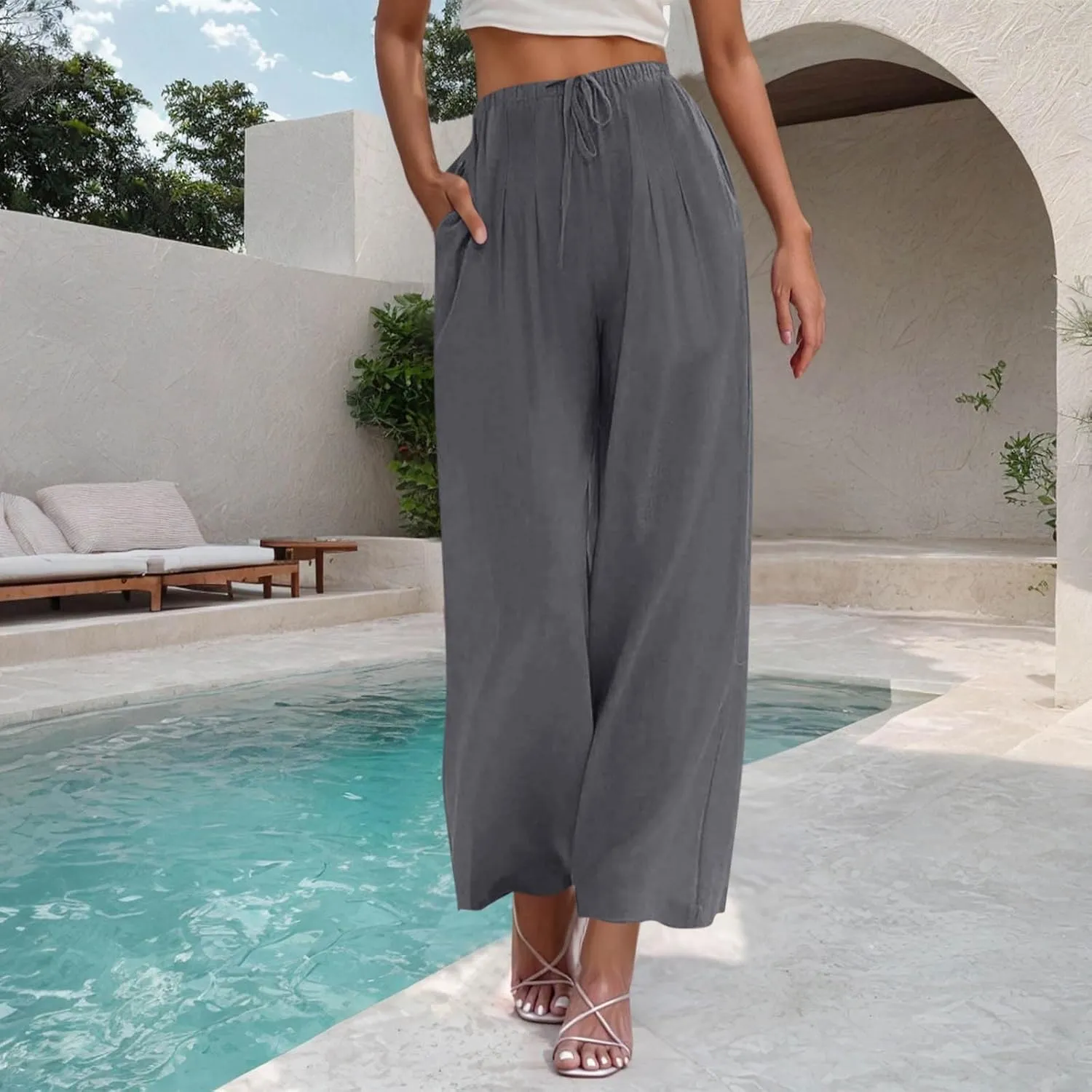 Linen Trousers Pants for Women Summer Fall Loose Fit Ruched High Cut Flare Wide Leg Trousers Pants Women 2025