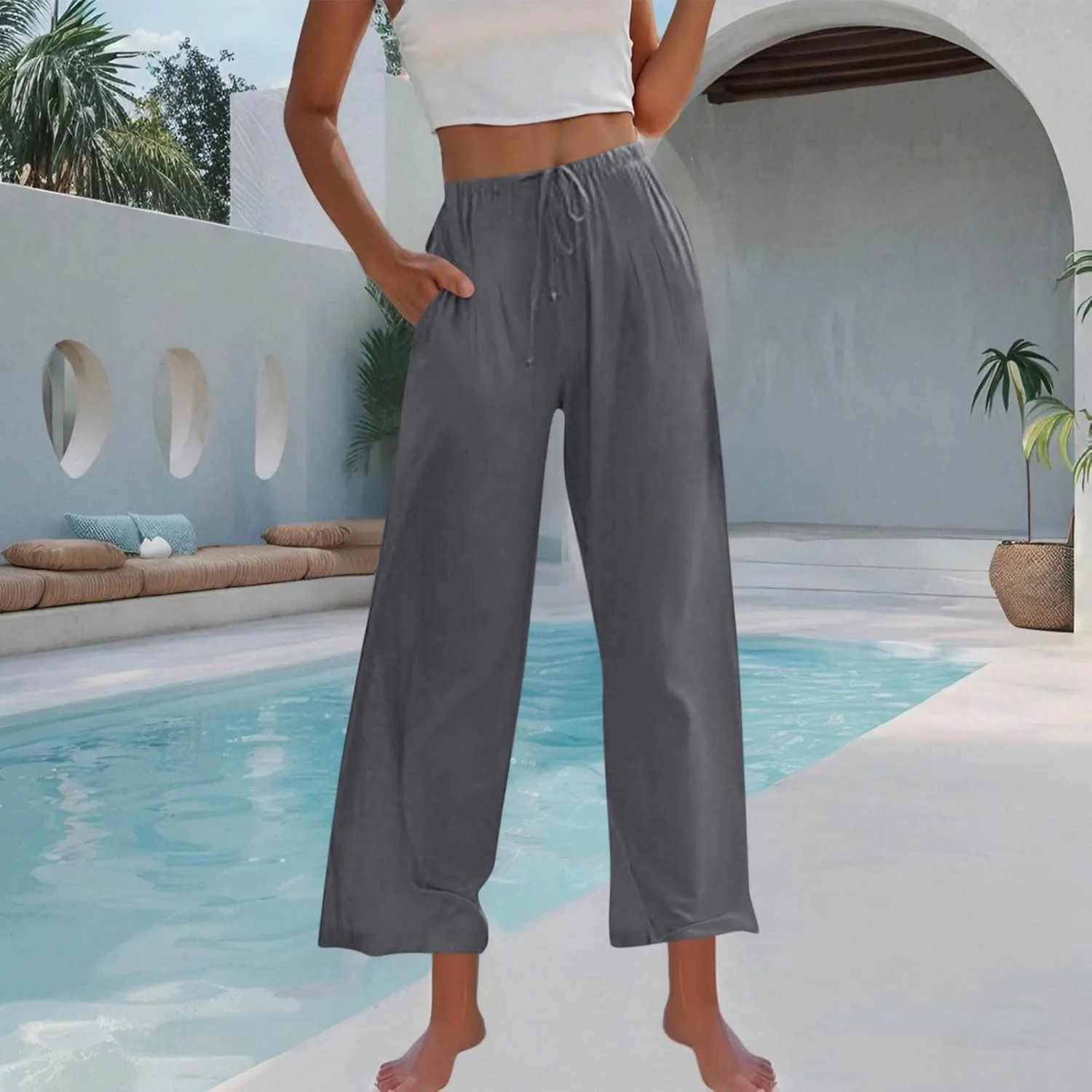 Linen Trousers Pants for Women Summer Fall Loose Fit Ruched High Cut Flare Wide Leg Trousers Pants Women 2025