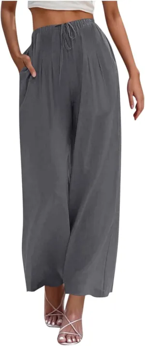 Linen Trousers Pants for Women Summer Fall Loose Fit Ruched High Cut Flare Wide Leg Trousers Pants Women 2025