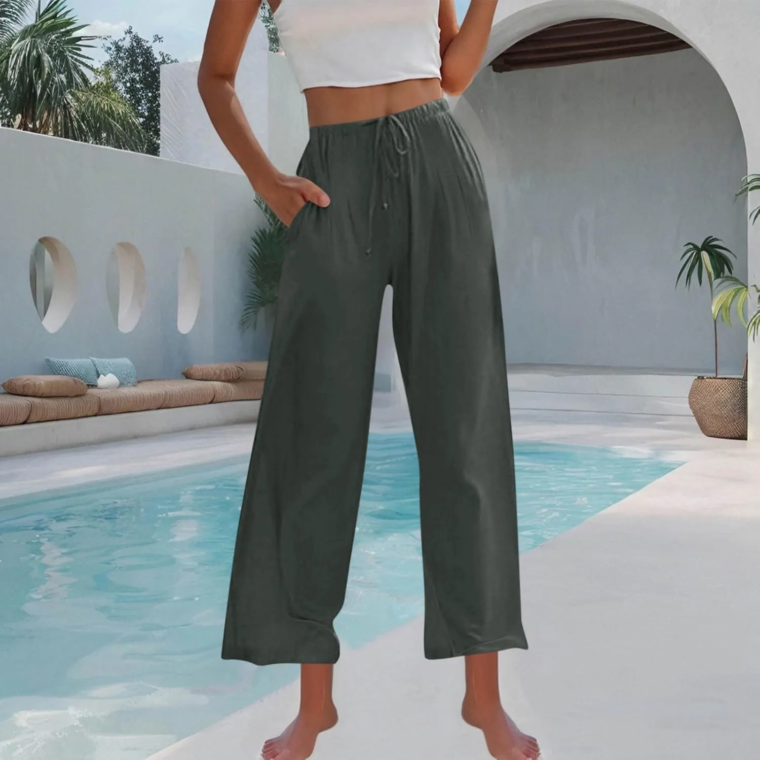 Linen Trousers Pants for Women Summer Fall Loose Fit Ruched High Cut Flare Wide Leg Trousers Pants Women 2025