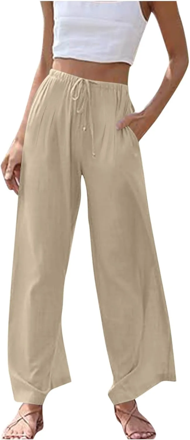 Linen Trousers Pants for Women Summer Fall Loose Fit Ruched High Cut Flare Wide Leg Trousers Pants Women 2025