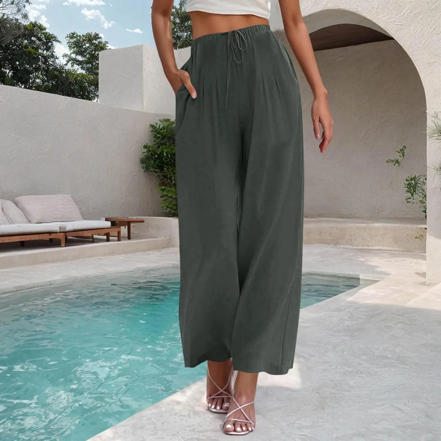 Linen Trousers Pants for Women Summer Fall Loose Fit Ruched High Cut Flare Wide Leg Trousers Pants Women 2025