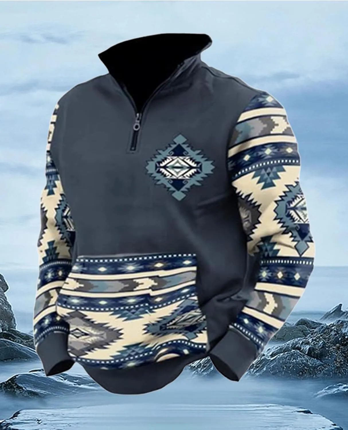 LOAIHA Men's Western Fleece Jacket Cowboy Bull Head Print Pullover 1/4 Zip Stand Collar Long Sleeve Country Sweatshirts