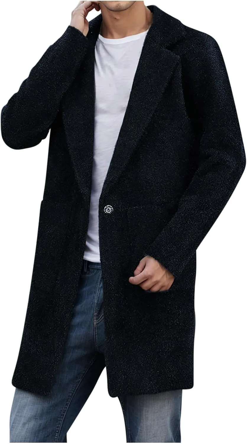 Long Cardigans for Men Fuzzy Cardigan Jacket Lapel Long Sleeve Cardigan Casual Trench Coat with Pockets