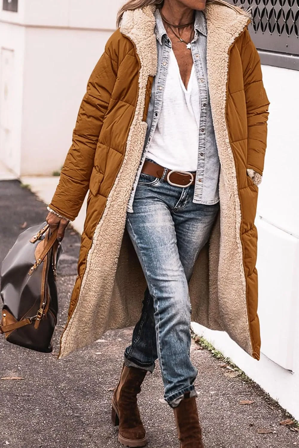 Long Fleece Jacket Women Winter Reversible Puffer Coat Sherpa Padded Down Jackets Oversized Long Sleeve Hooded Coats
