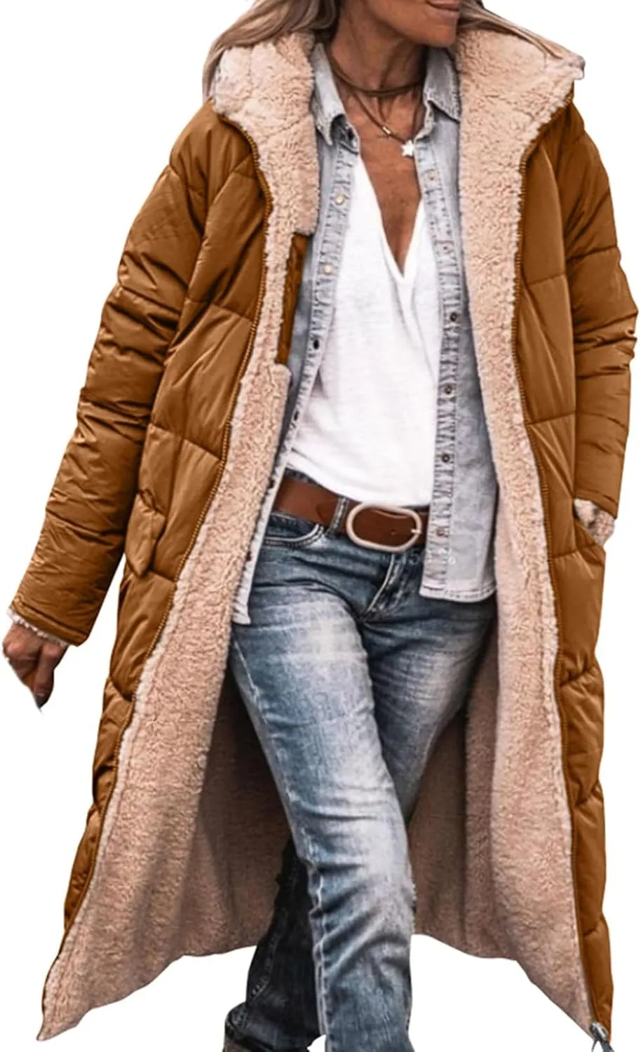 Long Fleece Jacket Women Winter Reversible Puffer Coat Sherpa Padded Down Jackets Oversized Long Sleeve Hooded Coats