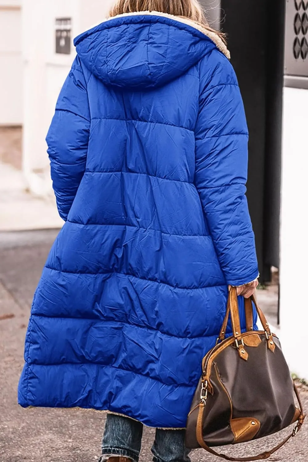 Long Fleece Jacket Women Winter Reversible Puffer Coat Sherpa Padded Down Jackets Oversized Long Sleeve Hooded Coats