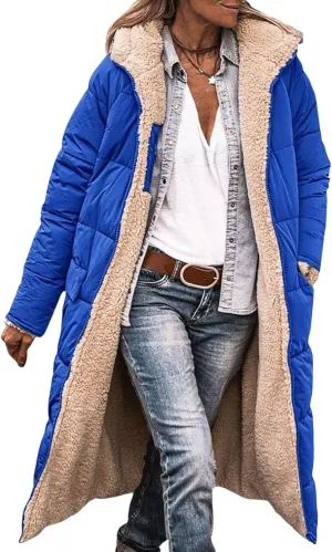 Long Fleece Jacket Women Winter Reversible Puffer Coat Sherpa Padded Down Jackets Oversized Long Sleeve Hooded Coats
