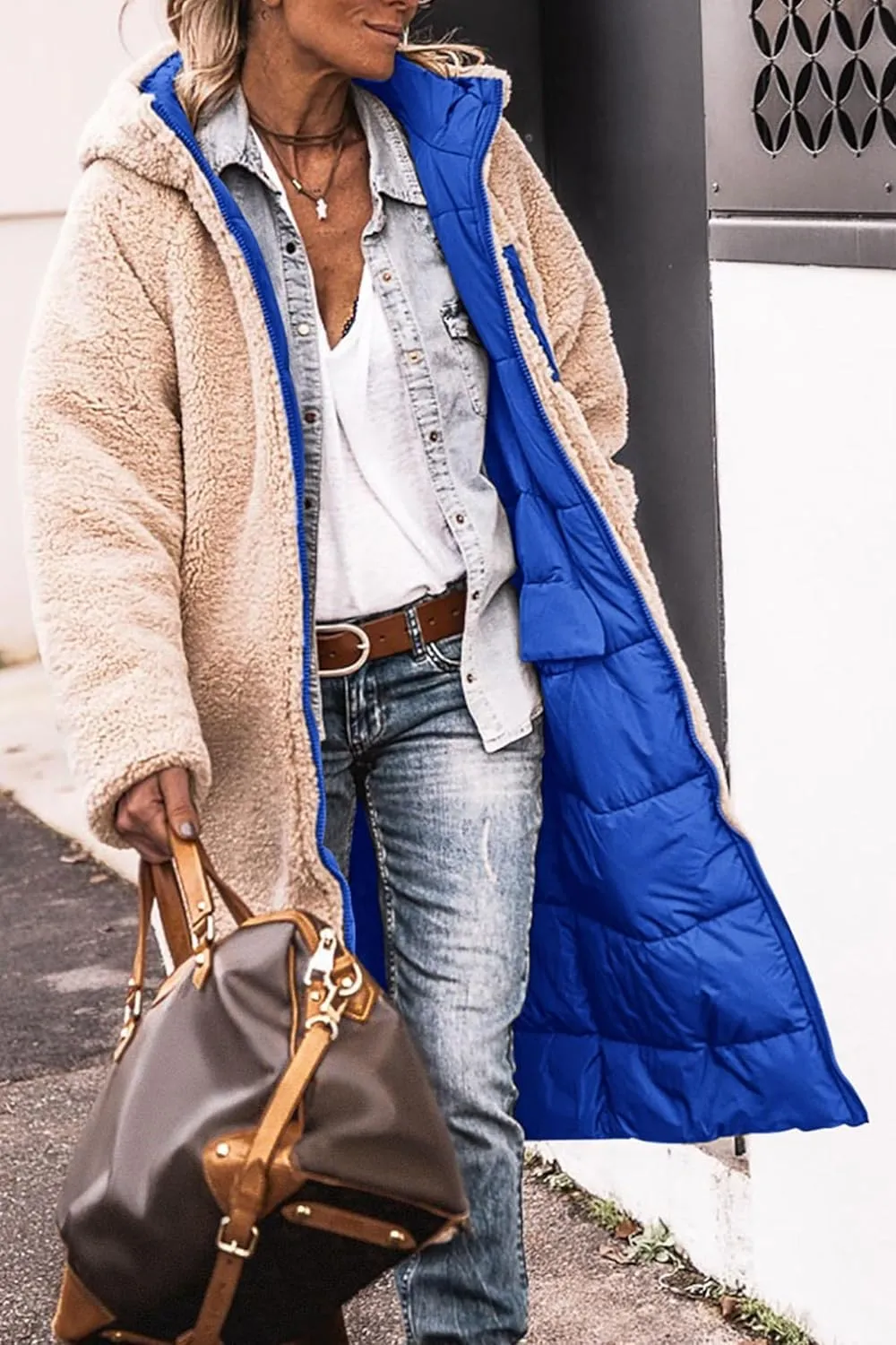 Long Fleece Jacket Women Winter Reversible Puffer Coat Sherpa Padded Down Jackets Oversized Long Sleeve Hooded Coats