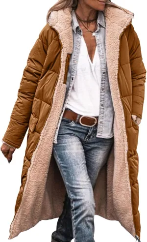 Long Fleece Jacket Women Winter Reversible Puffer Coat Sherpa Padded Down Jackets Oversized Long Sleeve Hooded Coats