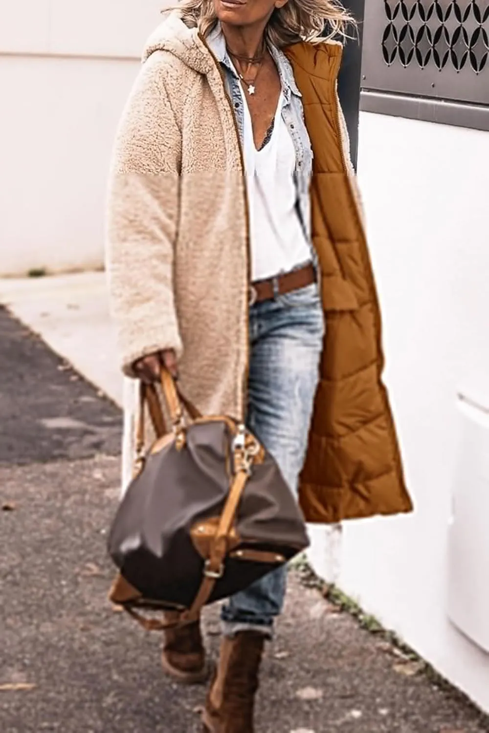 Long Fleece Jacket Women Winter Reversible Puffer Coat Sherpa Padded Down Jackets Oversized Long Sleeve Hooded Coats