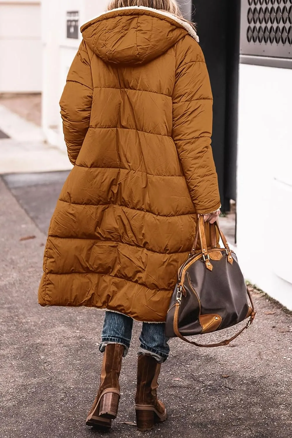 Long Fleece Jacket Women Winter Reversible Puffer Coat Sherpa Padded Down Jackets Oversized Long Sleeve Hooded Coats