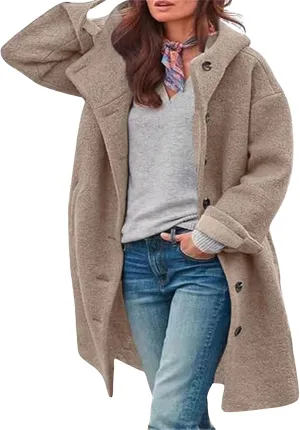 loveimgs Women Winter Casual Single Breasted Hooded Jacket Pea Coat Long Wool Coat Jacket Trench Coat Overcoat