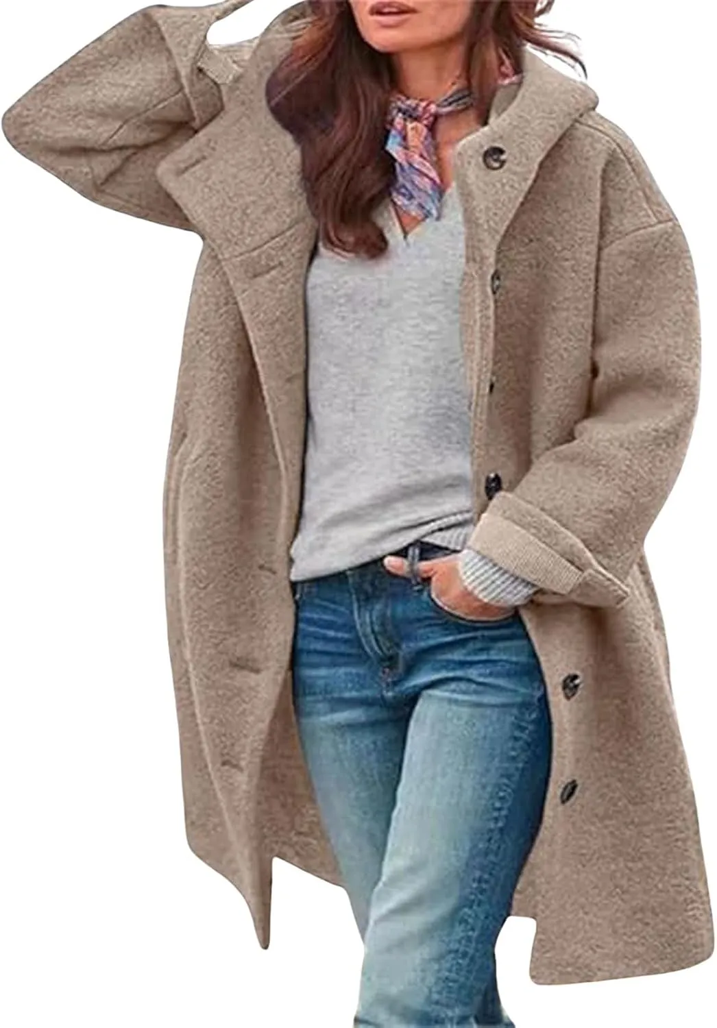 loveimgs Women Winter Casual Single Breasted Hooded Jacket Pea Coat Long Wool Coat Jacket Trench Coat Overcoat