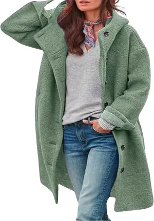 loveimgs Women Winter Casual Single Breasted Hooded Jacket Pea Coat Long Wool Coat Jacket Trench Coat Overcoat