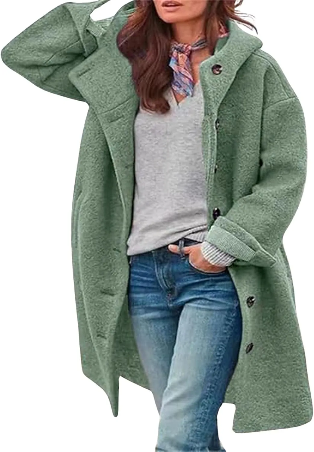 loveimgs Women Winter Casual Single Breasted Hooded Jacket Pea Coat Long Wool Coat Jacket Trench Coat Overcoat