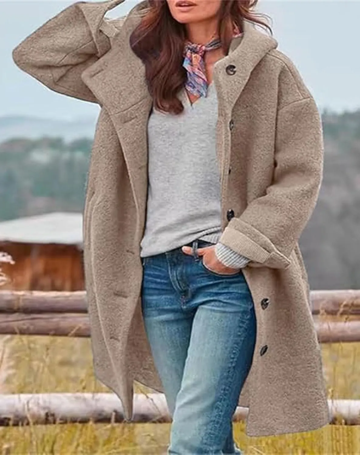 loveimgs Women Winter Casual Single Breasted Hooded Jacket Pea Coat Long Wool Coat Jacket Trench Coat Overcoat