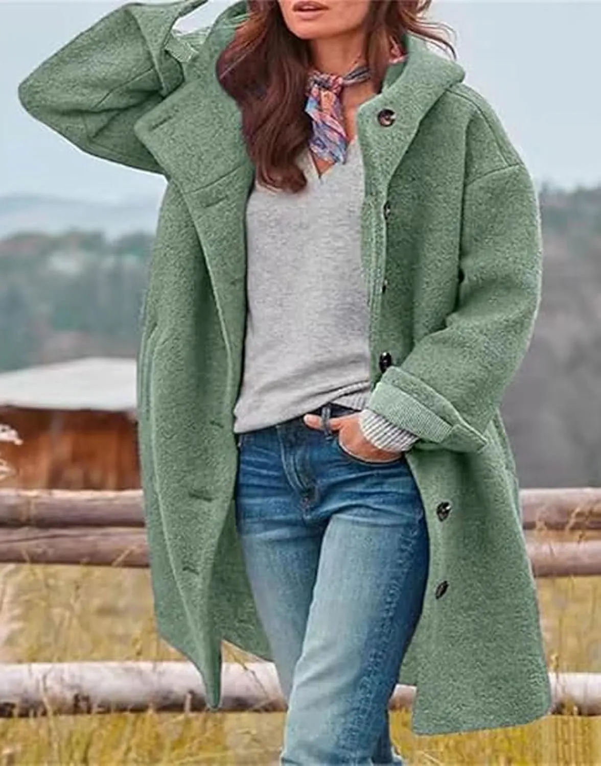 loveimgs Women Winter Casual Single Breasted Hooded Jacket Pea Coat Long Wool Coat Jacket Trench Coat Overcoat